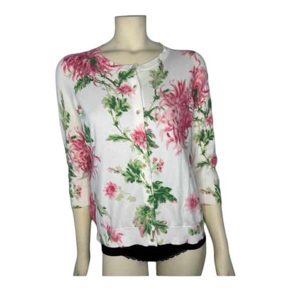 Talbots Charming Cardigan Pink flowers floral with green & white size small - Picture 1 of 15